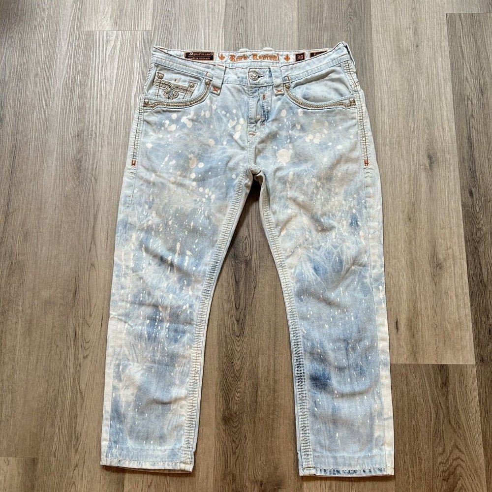Rock Revival Feeney Alt Straight Acid Washed Denim Paint Splatter Size 36 Short